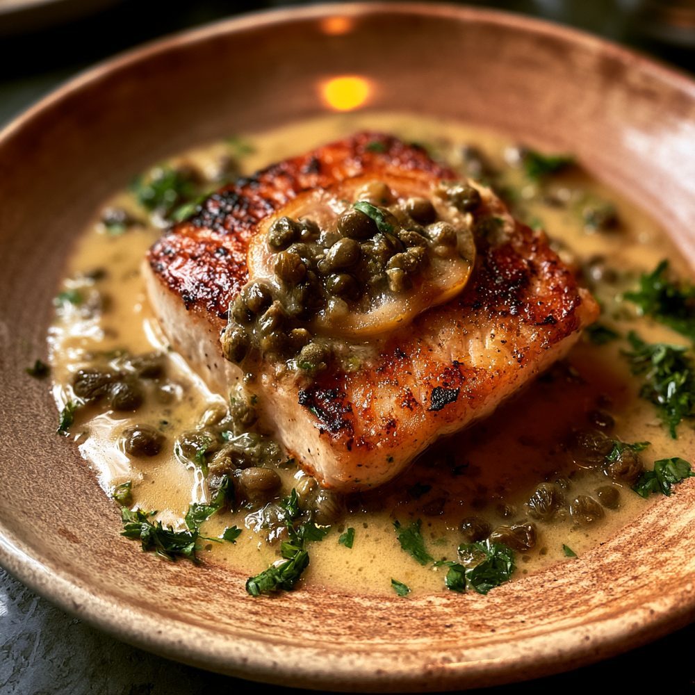 Sea Bass with Lemon Caper Sauce, plated and ready to serve
