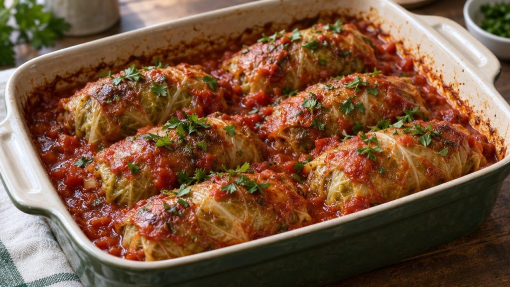 Keto Irish Cabbage Rolls in Tomato Sauce, plated and ready to serve
