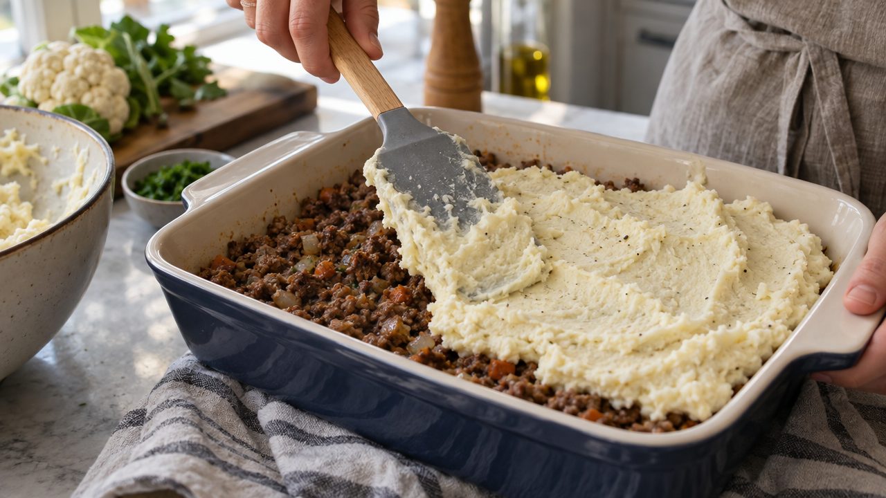 Cooking Keto Irish Cottage Pie in the kitchen