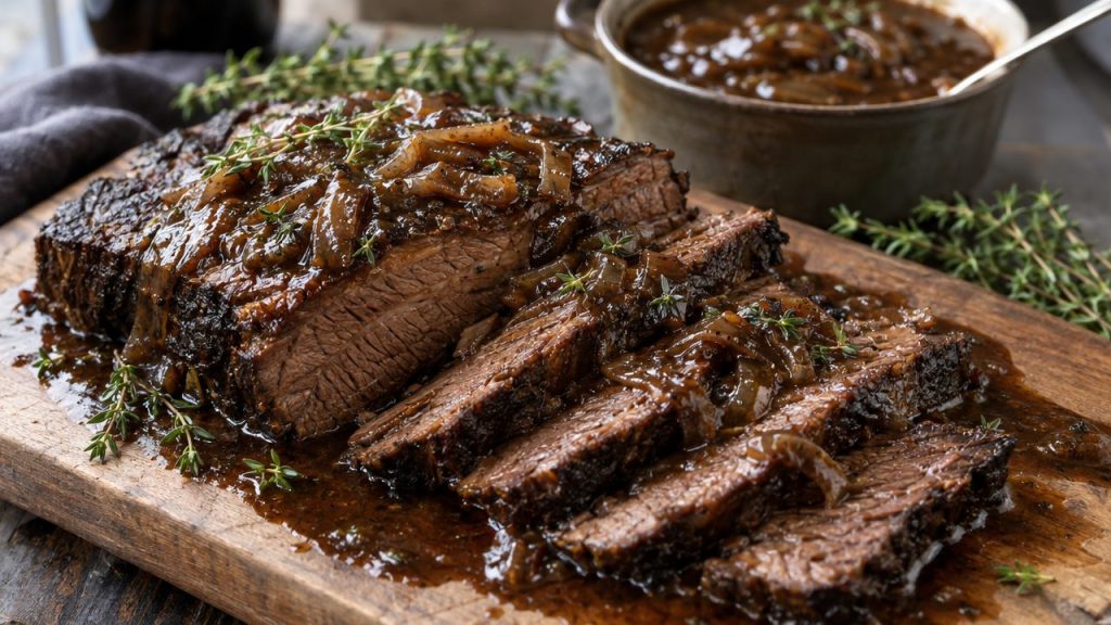 Guinness Braised Beef Brisket (Keto Version), plated and ready to serve