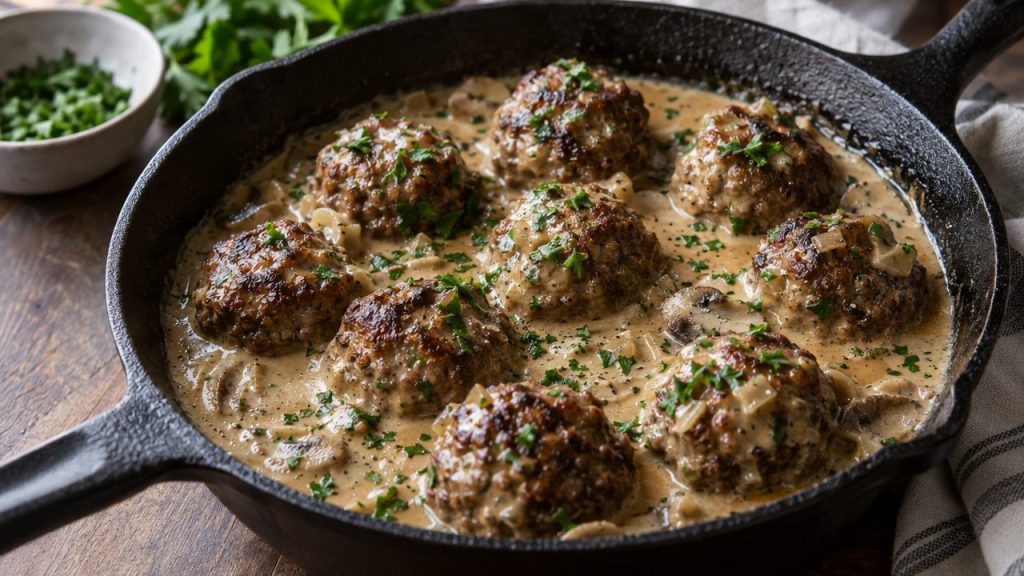 Keto Irish Meatballs in Whiskey Cream Sauce, plated and ready to serve