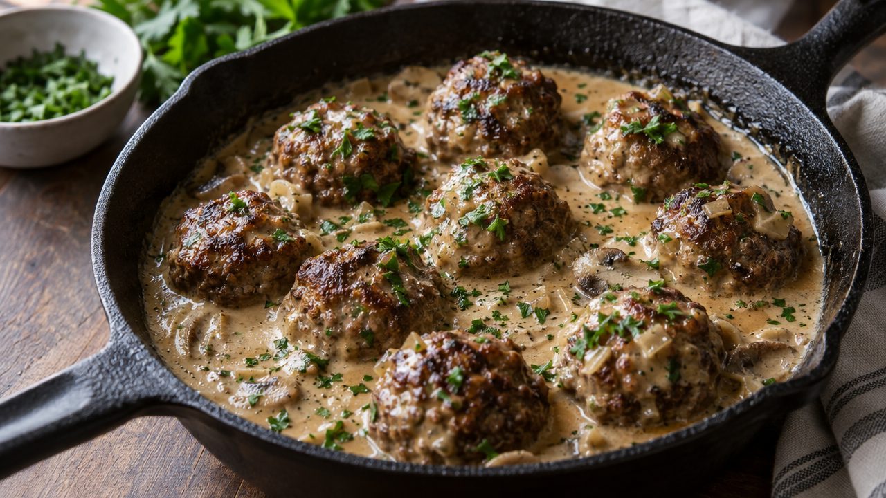 Keto Irish Meatballs in Whiskey Cream Sauce, plated and ready to serve