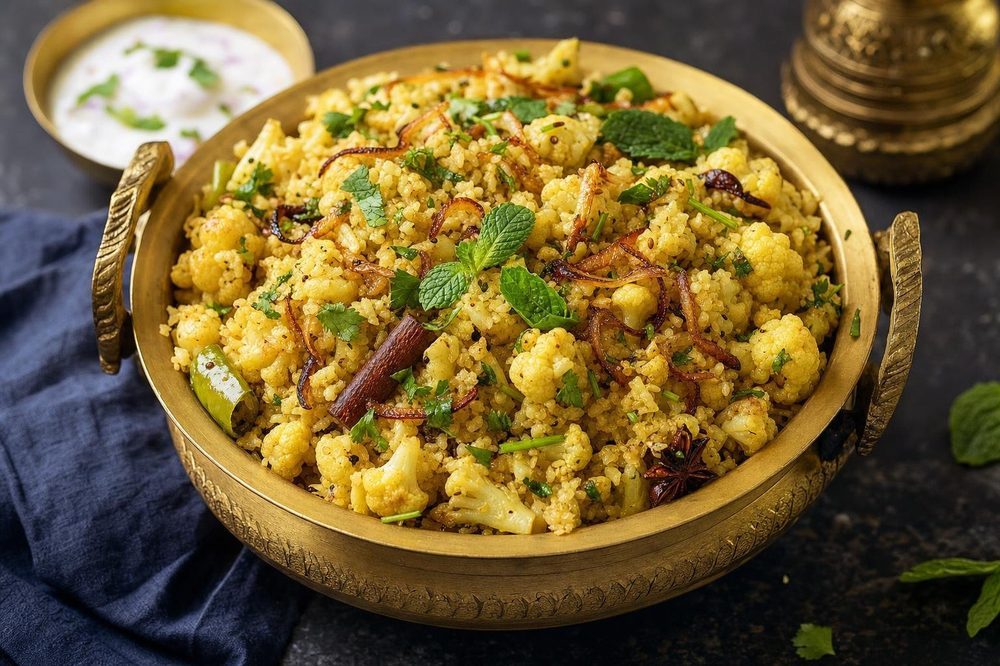 Cauliflower Pulao, plated and ready to serve