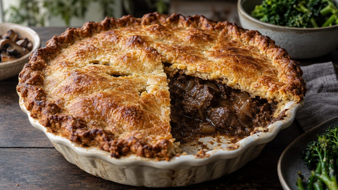 Keto Beef and Guinness Pie, plated and ready to serve