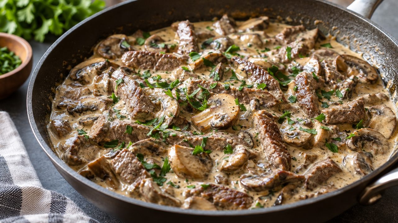Keto Irish Beef Stroganoff, plated and ready to serve