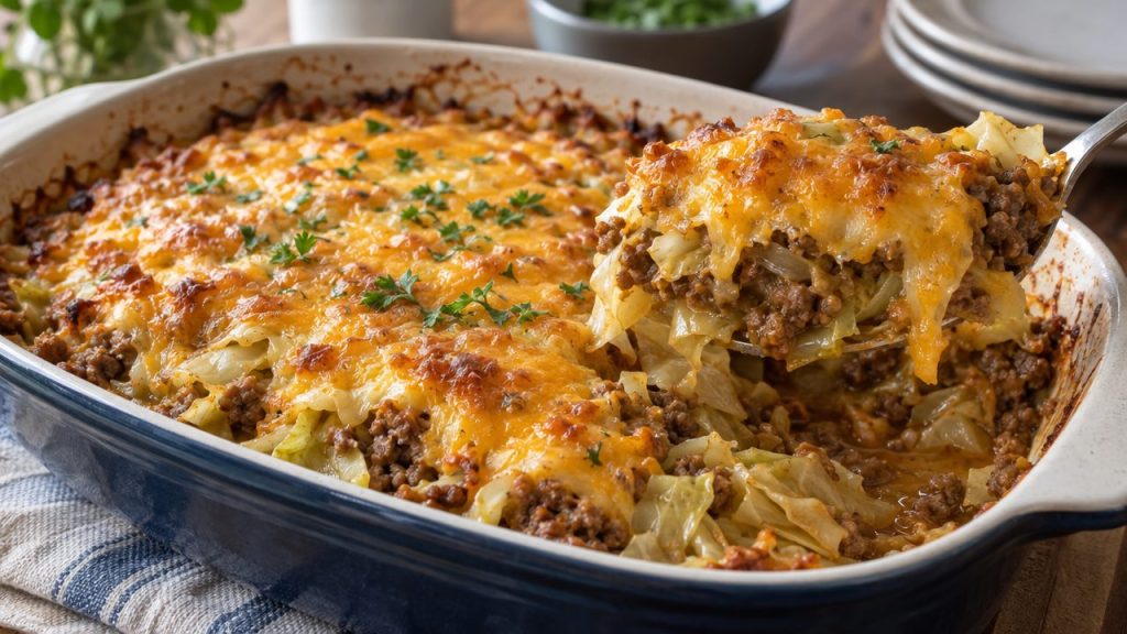 Keto Beef and Cabbage Bake, plated and ready to serve