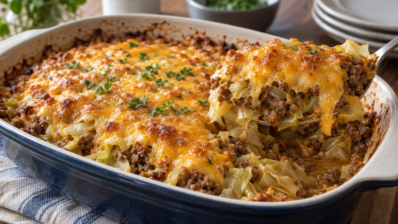 Keto Beef and Cabbage Bake, plated and ready to serve