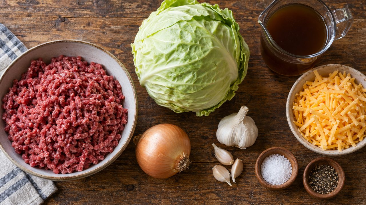 Ingredients for Keto Beef and Cabbage Bake