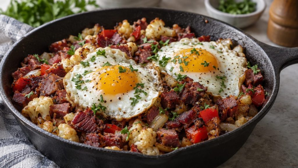 Keto Corned Beef Hash, plated and ready to serve