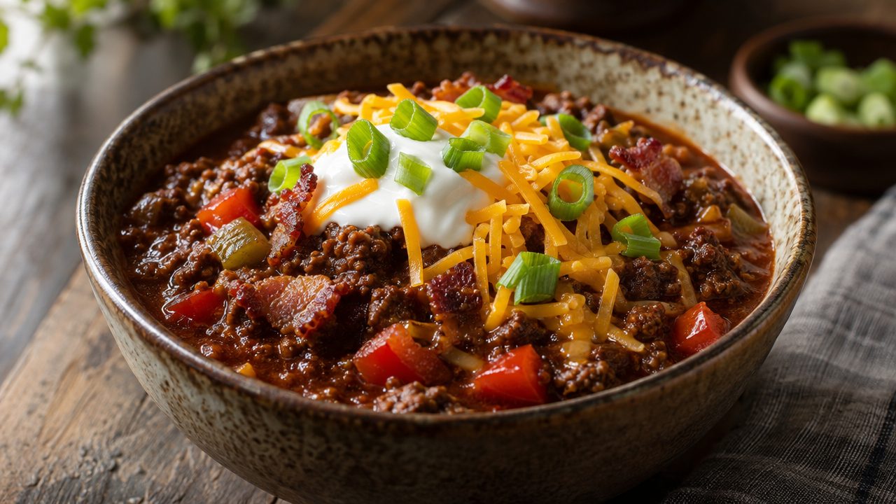 Keto Irish Beef and Guinness Chili, plated and ready to serve