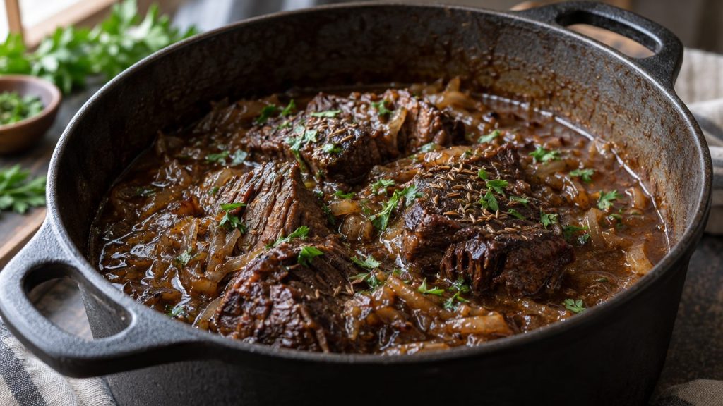 Keto Irish Braised Beef with Caraway, plated and ready to serve