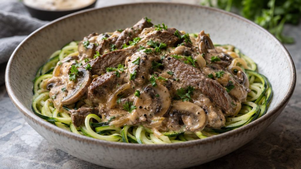 Keto Irish Beef Stroganoff with Zoodles, plated and ready to serve