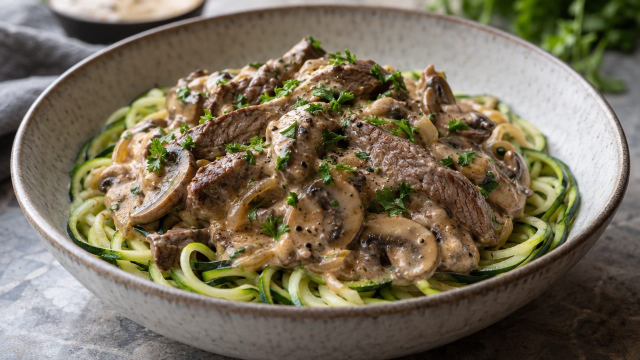 Keto Irish Beef Stroganoff with Zoodles, plated and ready to serve