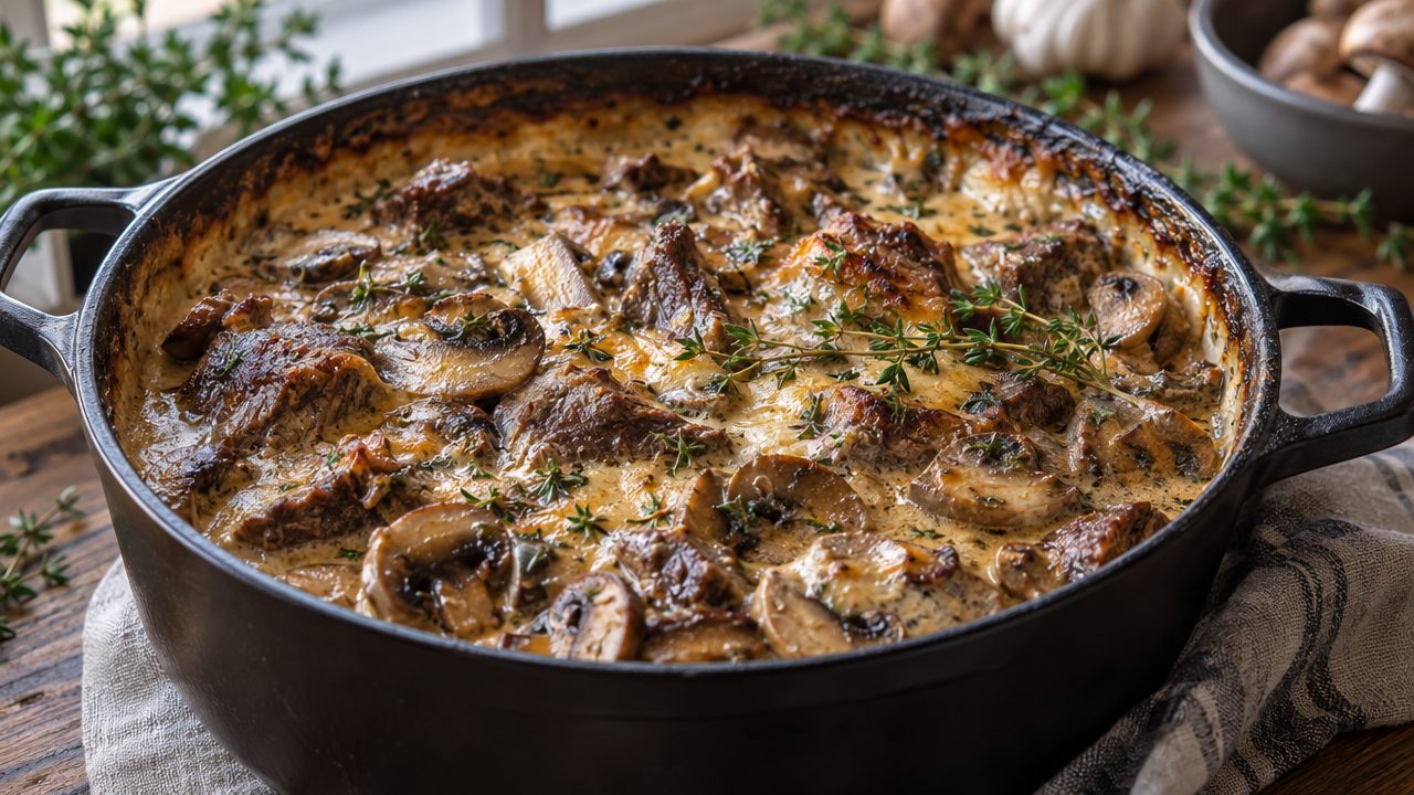 Keto Irish Beef and Mushroom Casserole, plated and ready to serve