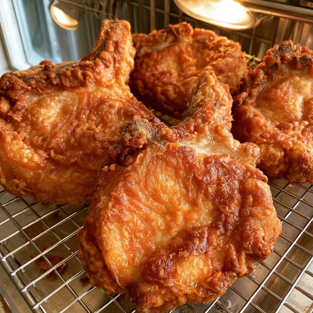 Buttermilk-Brined Fried Pork Chops, plated and ready to serve