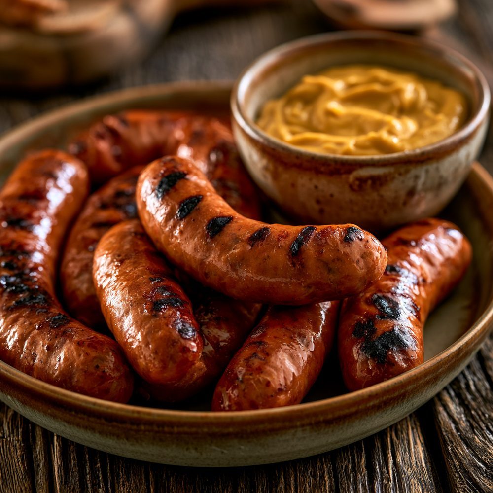Polish Kiełbasa, Grilled with Mustard, plated and ready to serve