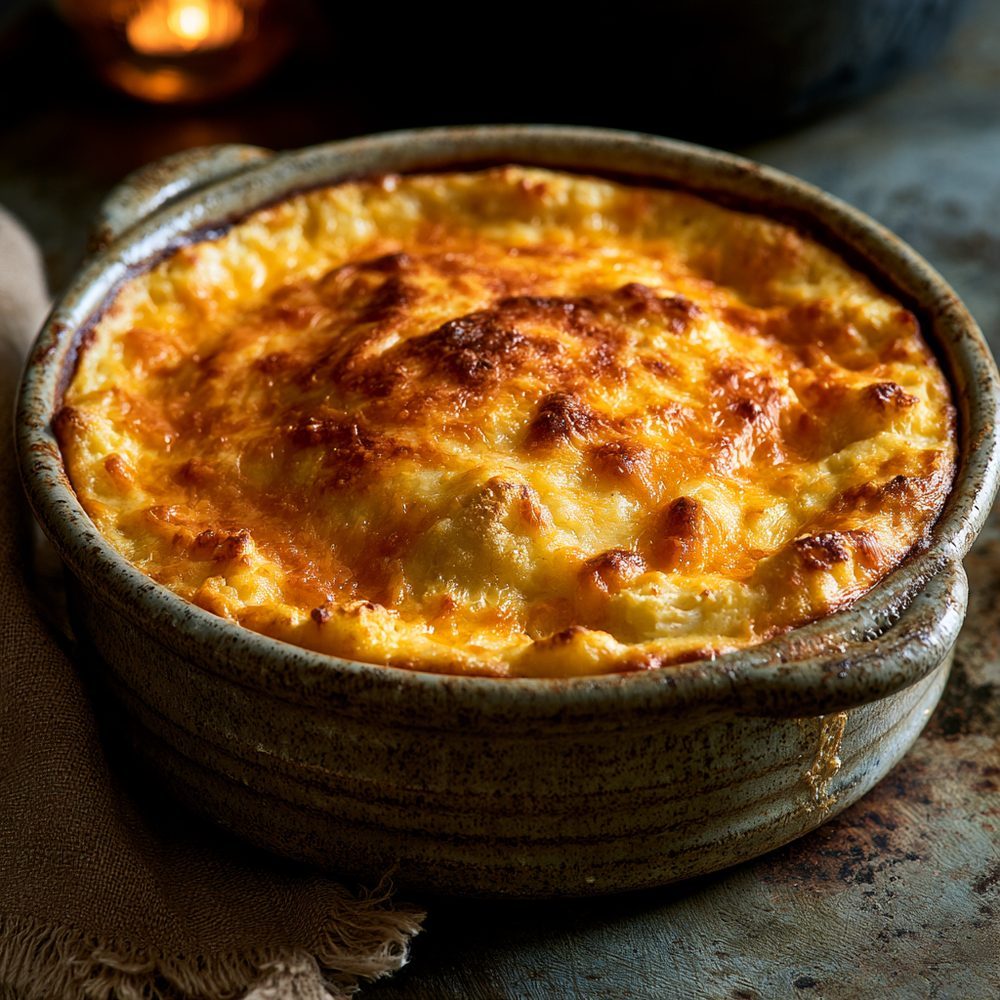 Cauliflower Kugel, Cheese-Topped, plated and ready to serve