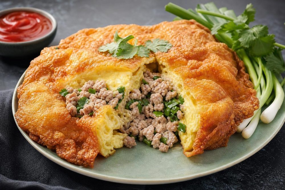 Khai Jiao Moo Saab Minced Pork Omelette, plated and ready to serve