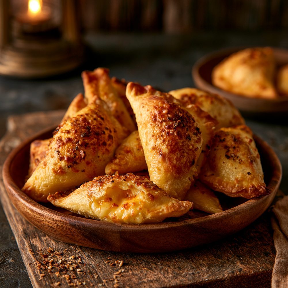 Baked Cheese Kreplach, plated and ready to serve