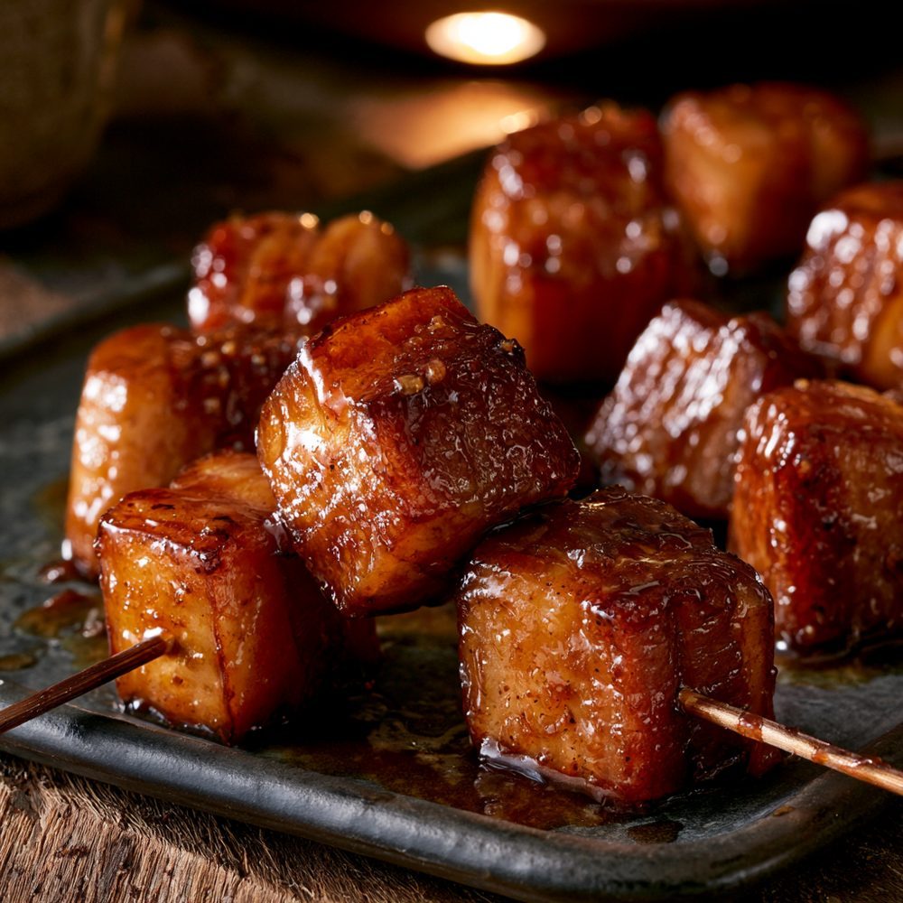 Candied Pork Belly Bites, Sugar-Free, plated and ready to serve
