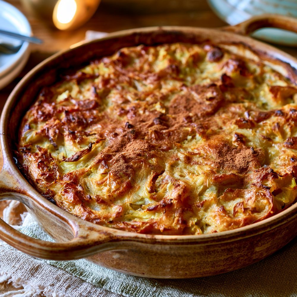 Noodle-less Lokshen Kugel, Cabbage Style, plated and ready to serve