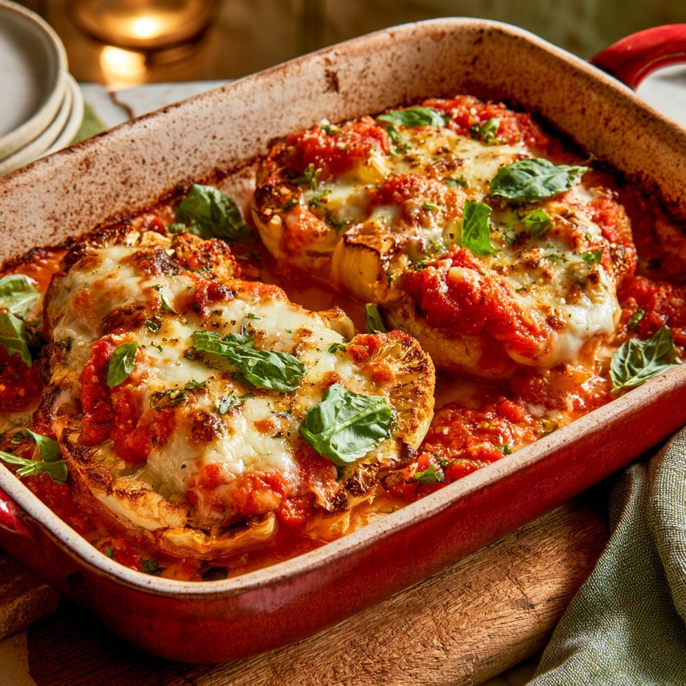 Cheese-Stuffed Shells, Cauliflower Version, plated and ready to serve