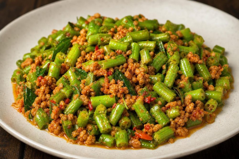 Pad Thua Fak Yao Stir Fried Long Beans, plated and ready to serve
