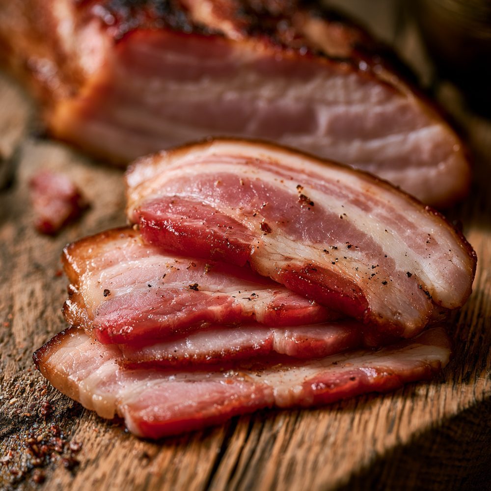 Polish Boczek Wędzony, Smoked Bacon, plated and ready to serve