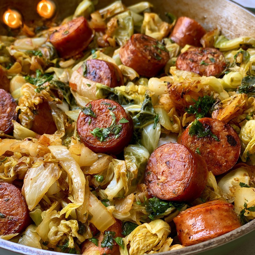 Smoked Sausage and Cabbage Skillet, plated and ready to serve