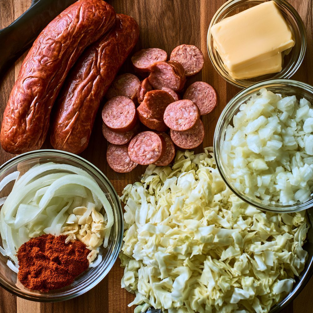 Ingredients for Smoked Sausage and Cabbage Skillet