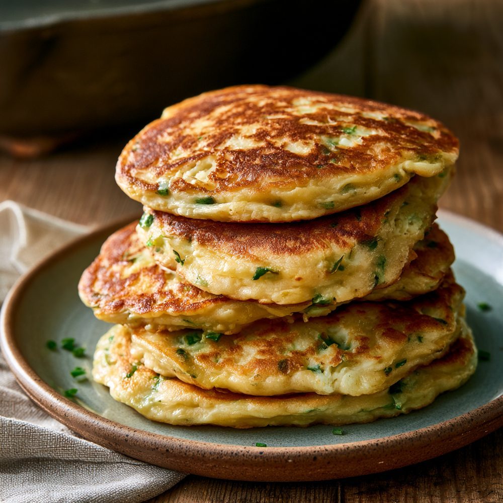 Cottage Cheese and Chive Pancakes, plated and ready to serve