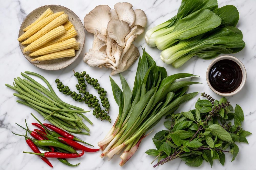 Ingredients for Pad Cha Pak Stir Fried Vegetables Wild Ginger