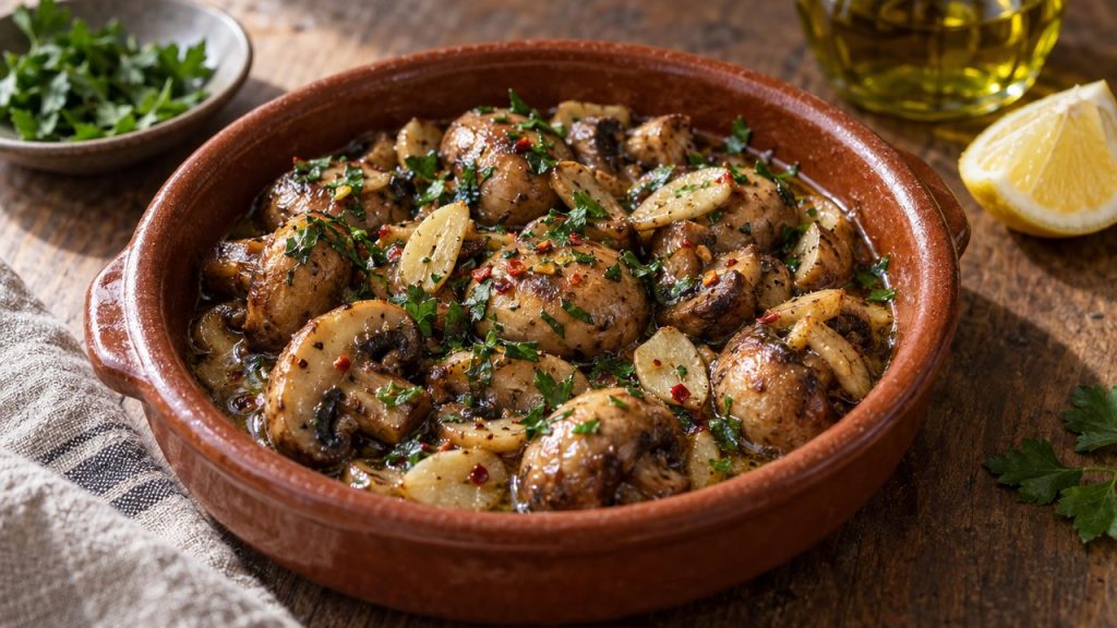 Champiñones al Ajillo, plated and ready to serve