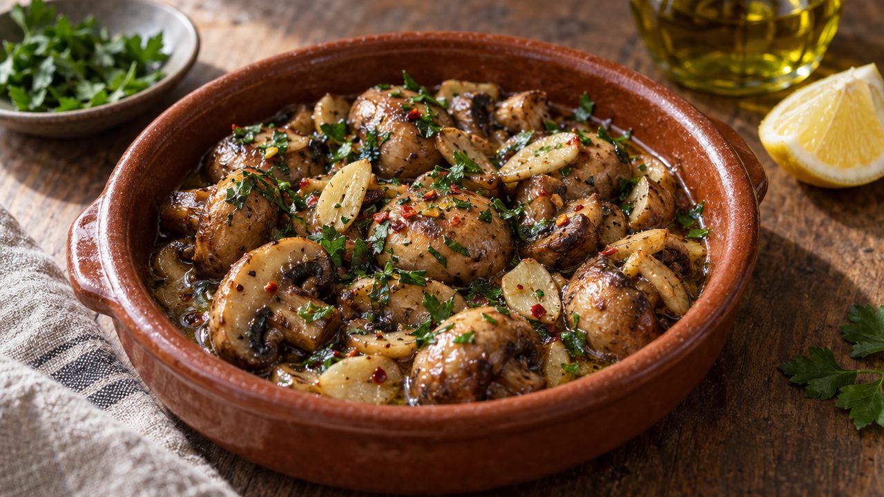 Champiñones al Ajillo, plated and ready to serve
