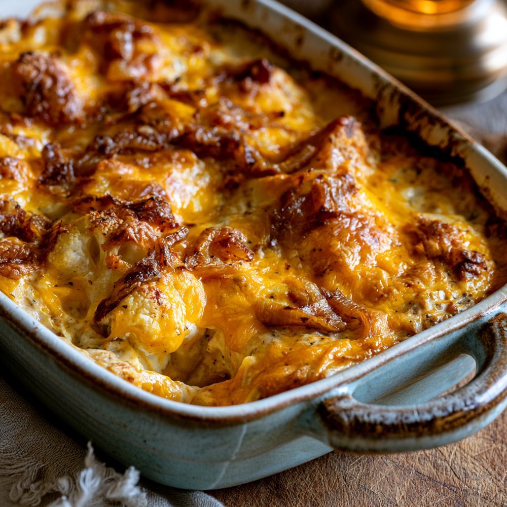 Sour Cream and Onion Cauliflower Bake, plated and ready to serve
