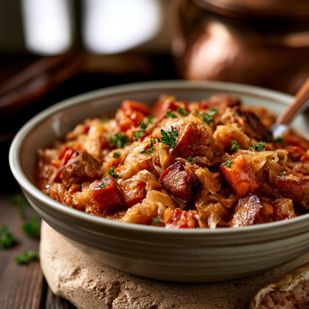 Polish Bigos Myśliwski, Extra Meat Variation, plated and ready to serve