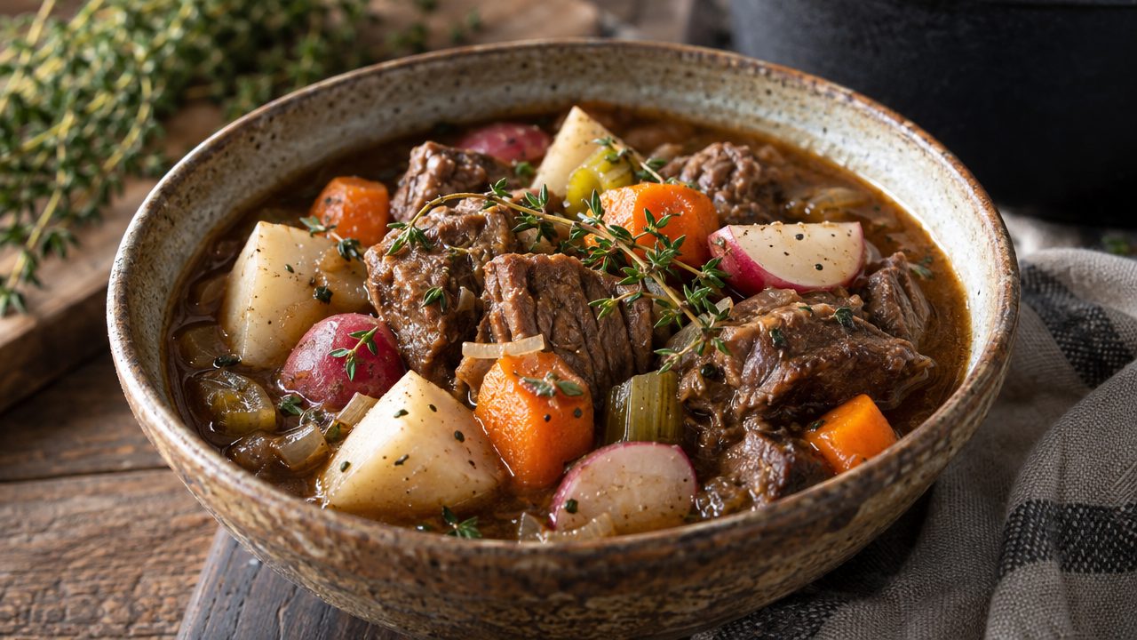Keto Irish Stew with Turnips and Radishes, plated and ready to serve