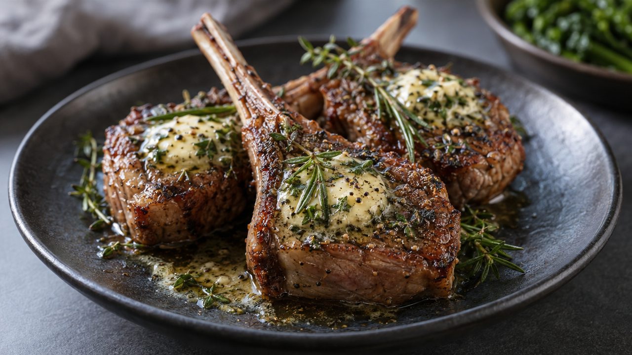 Keto Irish Lamb Chops with Garlic Herb Butter, plated and ready to serve