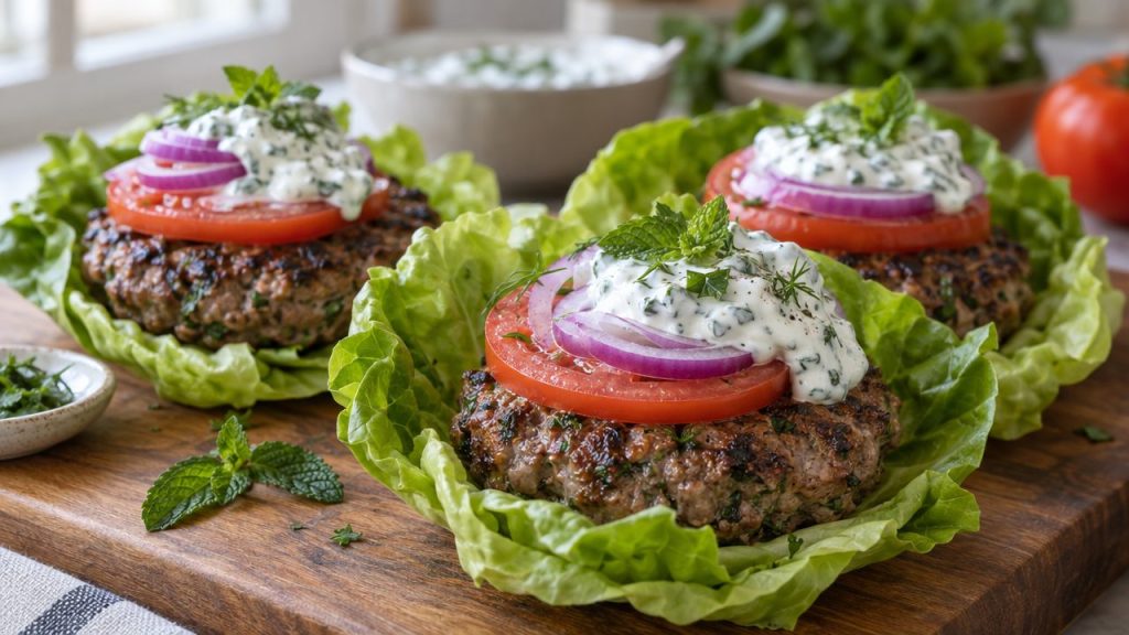 Keto Irish Lamb Burgers, plated and ready to serve