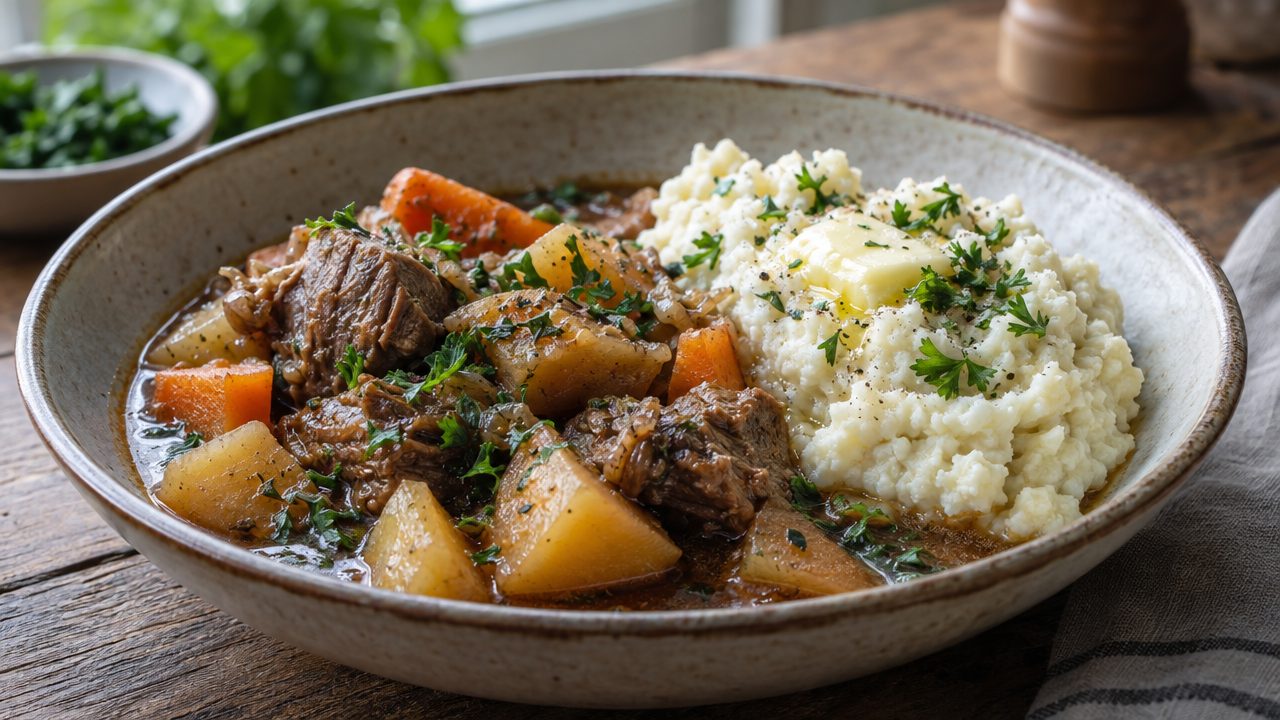 Keto Irish Lamb Stew with Cauliflower Mash, plated and ready to serve
