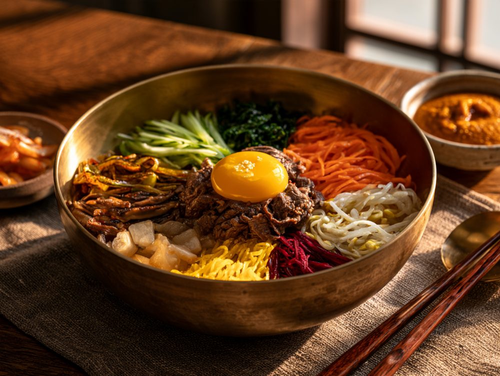 Korean Jeonju Bibimbap, plated and ready to serve