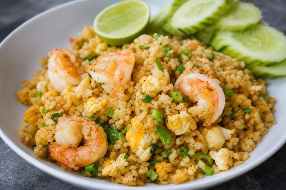 Cauliflower Khao Pad Thai Fried Rice, plated and ready to serve