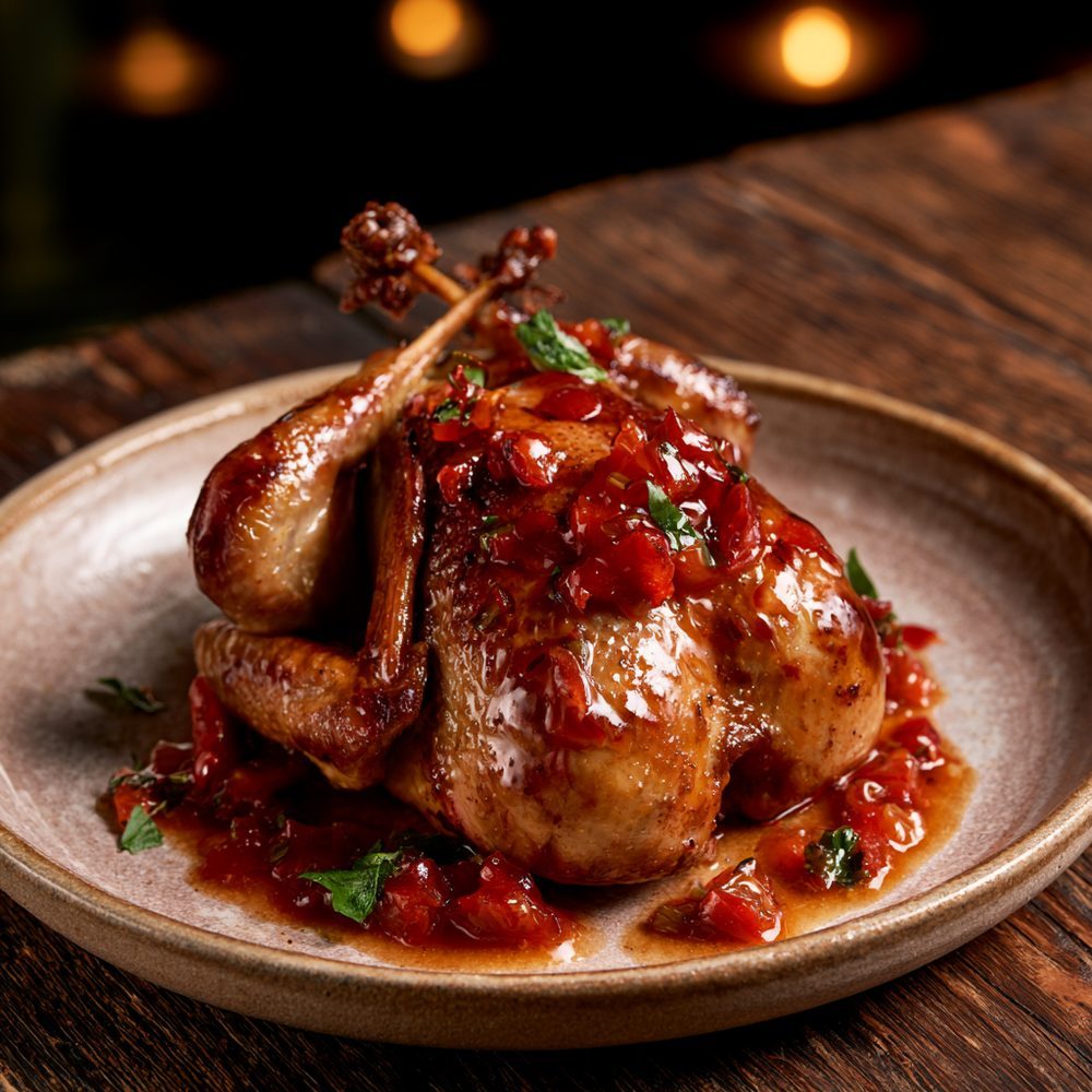 Pan-Seared Quail with Pepper Jelly Glaze, plated and ready to serve