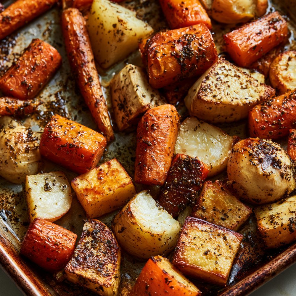 Roasted Root Vegetables with Za'atar, plated and ready to serve