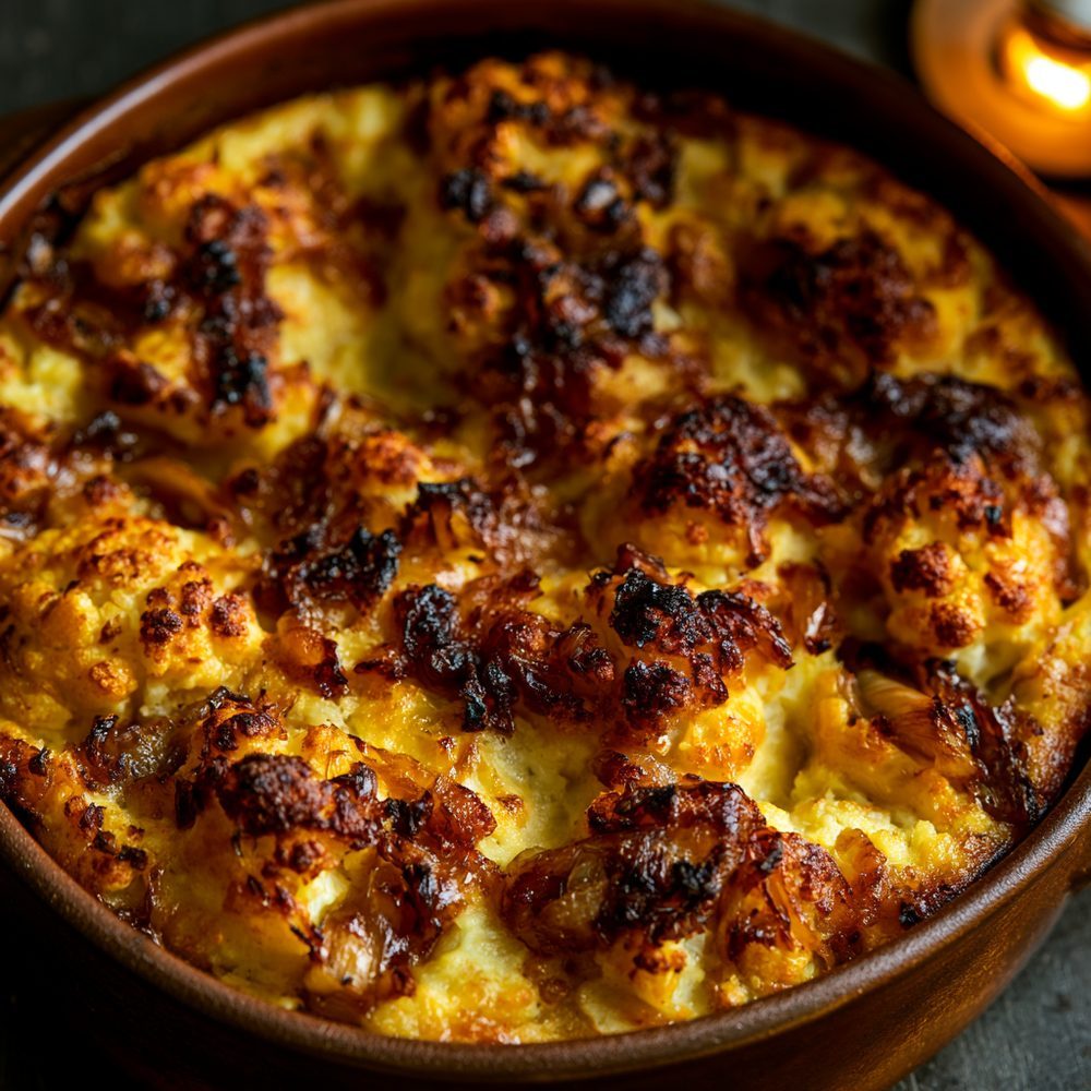 Savory Onion Cauliflower "Kugel", plated and ready to serve