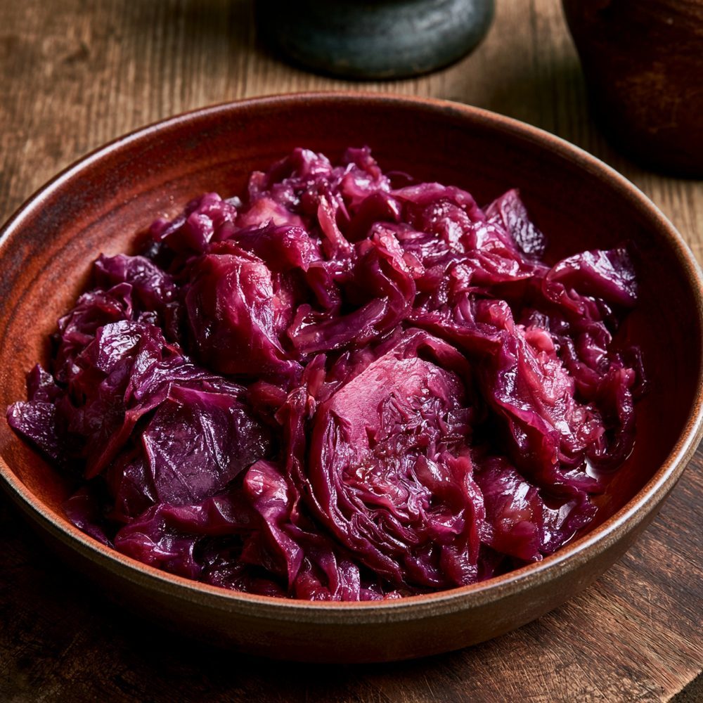 Braised Red Cabbage, Sweet and Sour, plated and ready to serve