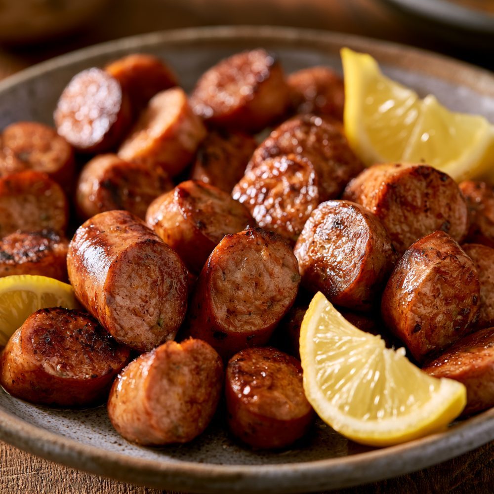 Pan-Fried Alligator Sausage, plated and ready to serve
