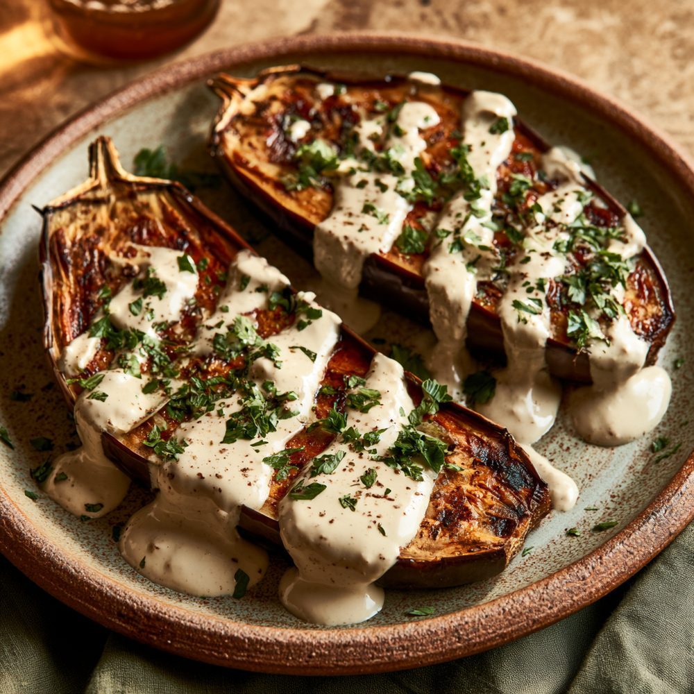 Israeli Roasted Eggplant, plated and ready to serve