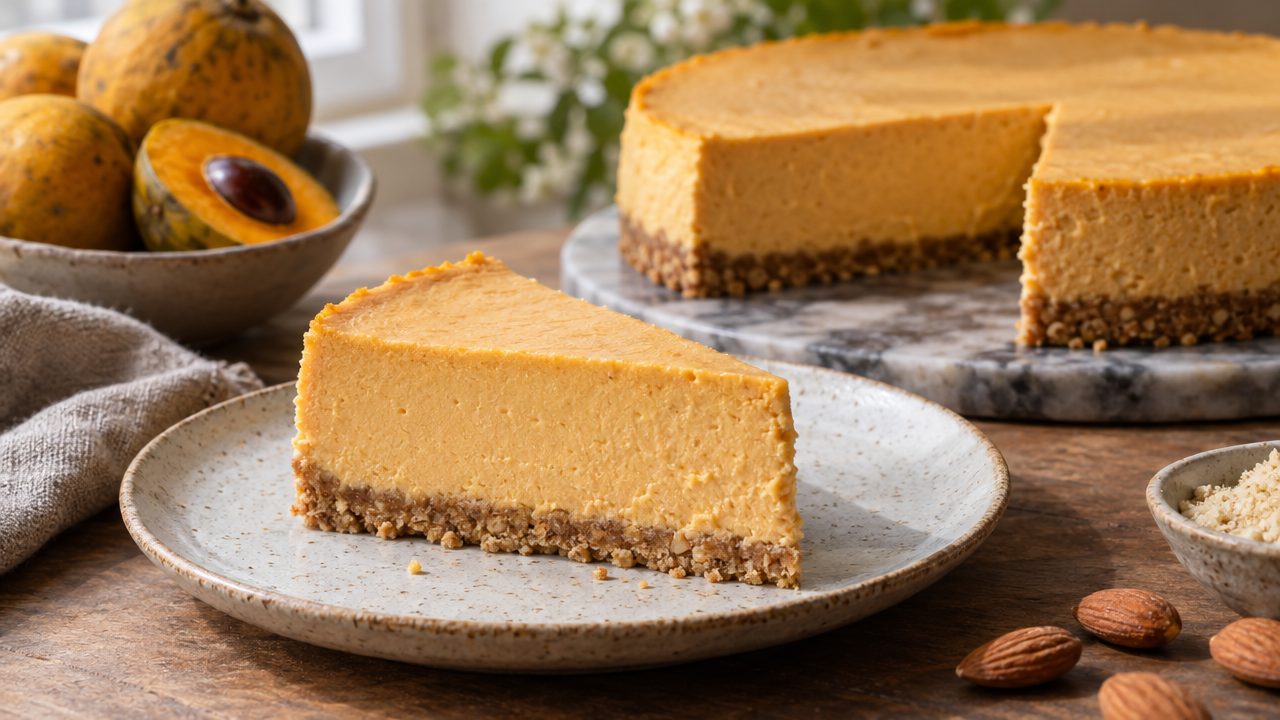 Lucuma Cheesecake, plated and ready to serve