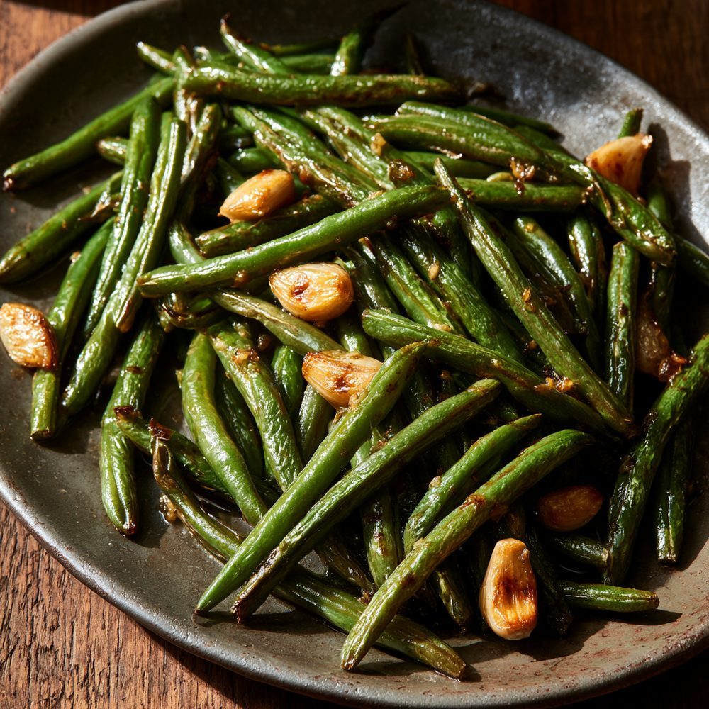Garlic Roasted Green Beans, plated and ready to serve
